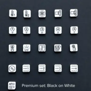Witte Icon Labels – stekker labels voor aquarium met zwarte pictogrammen voor aquariumapparatuur.