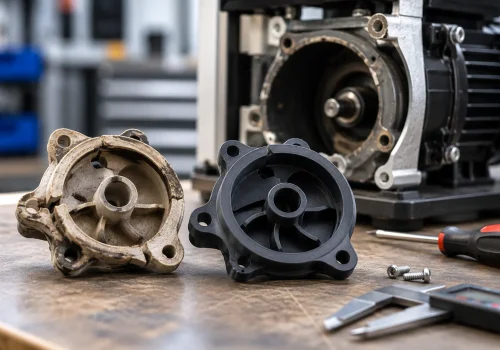Defect pomponderdeel naast 3D-geprint vervangingsonderdeel